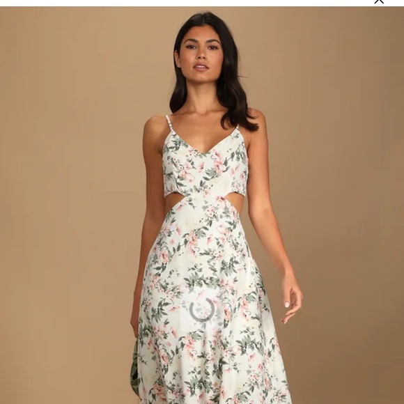Lulus Dresses & Skirts - Floral Cutout Midi Dress in Soft Cream and Pink